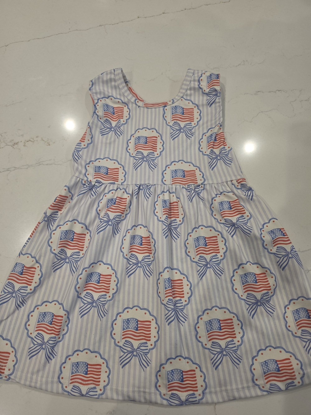 Girls' Patriotic Blue & White Flags With Bows Print Dress